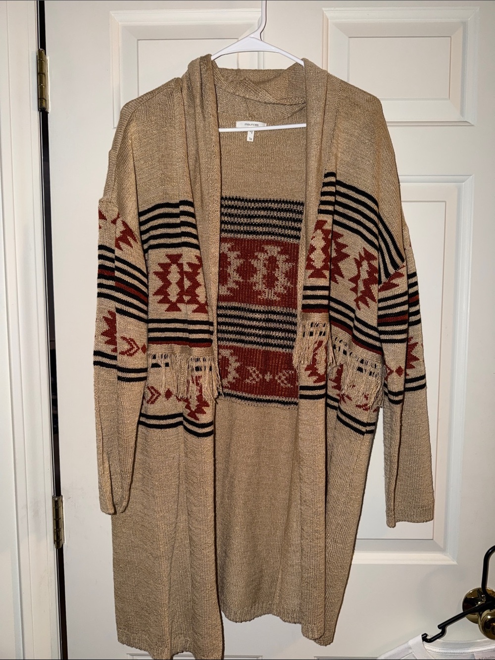 Maurices Beige Open-Front Aztec Cardigan with Rust & Black Accents